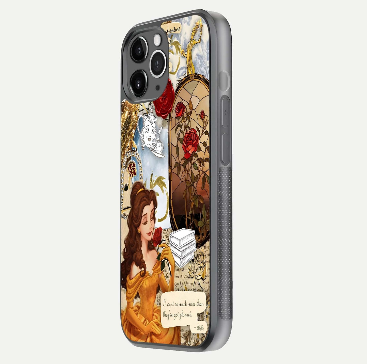 Golden Dream Belle Glass Case for iPhone 11 Pro Max floating dual-view mockup highlighting gloss texture and elegant shimmer