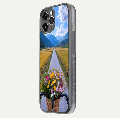 Golden Field Journey Glass Case for iPhone 11 Pro Max floating dual-view mockup showing gloss surface and field depth