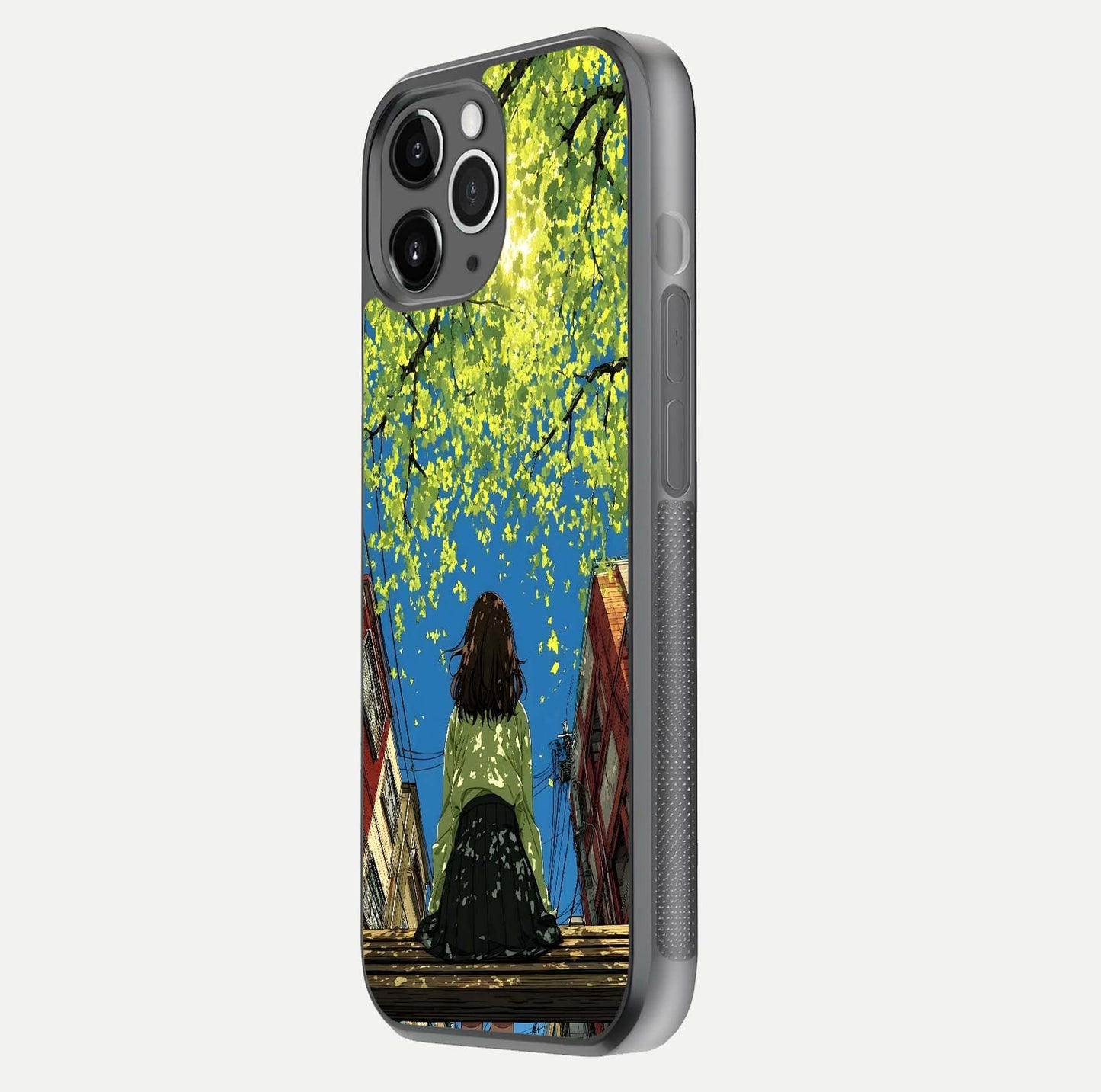 Golden Leaves Glow Glass Case for iPhone 11 Pro Max floating dual-view mockup showing gloss depth and gold-leaf detail