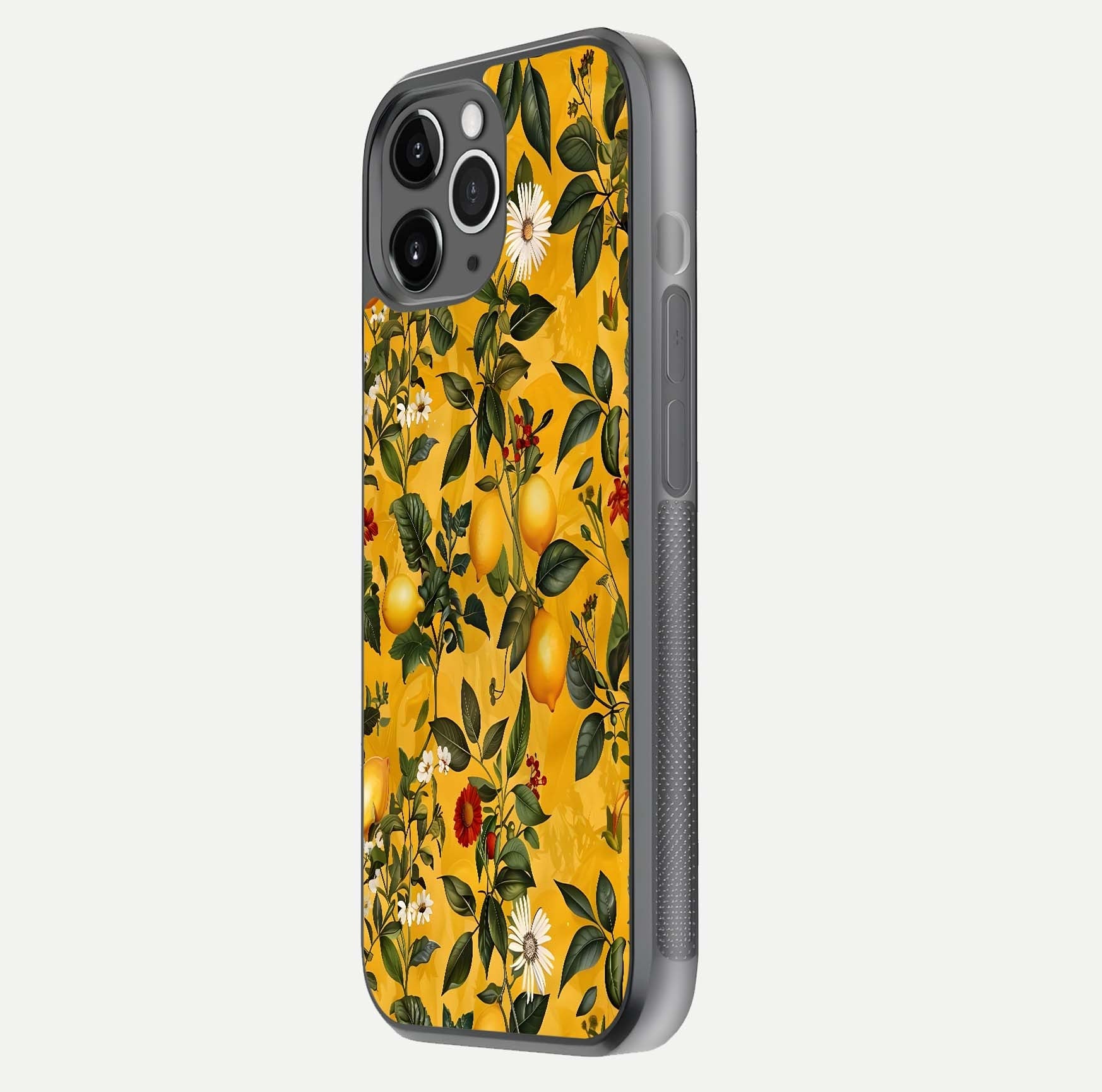 Golden Lemon Field Glass Case for iPhone 11 Pro Max floating dual-view mockup showing gloss shine and yellow-gold palette
