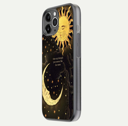 Golden Lunar Love Glass Case for iPhone 11 Pro Max floating dual-view mockup showing glossy glow and romantic theme