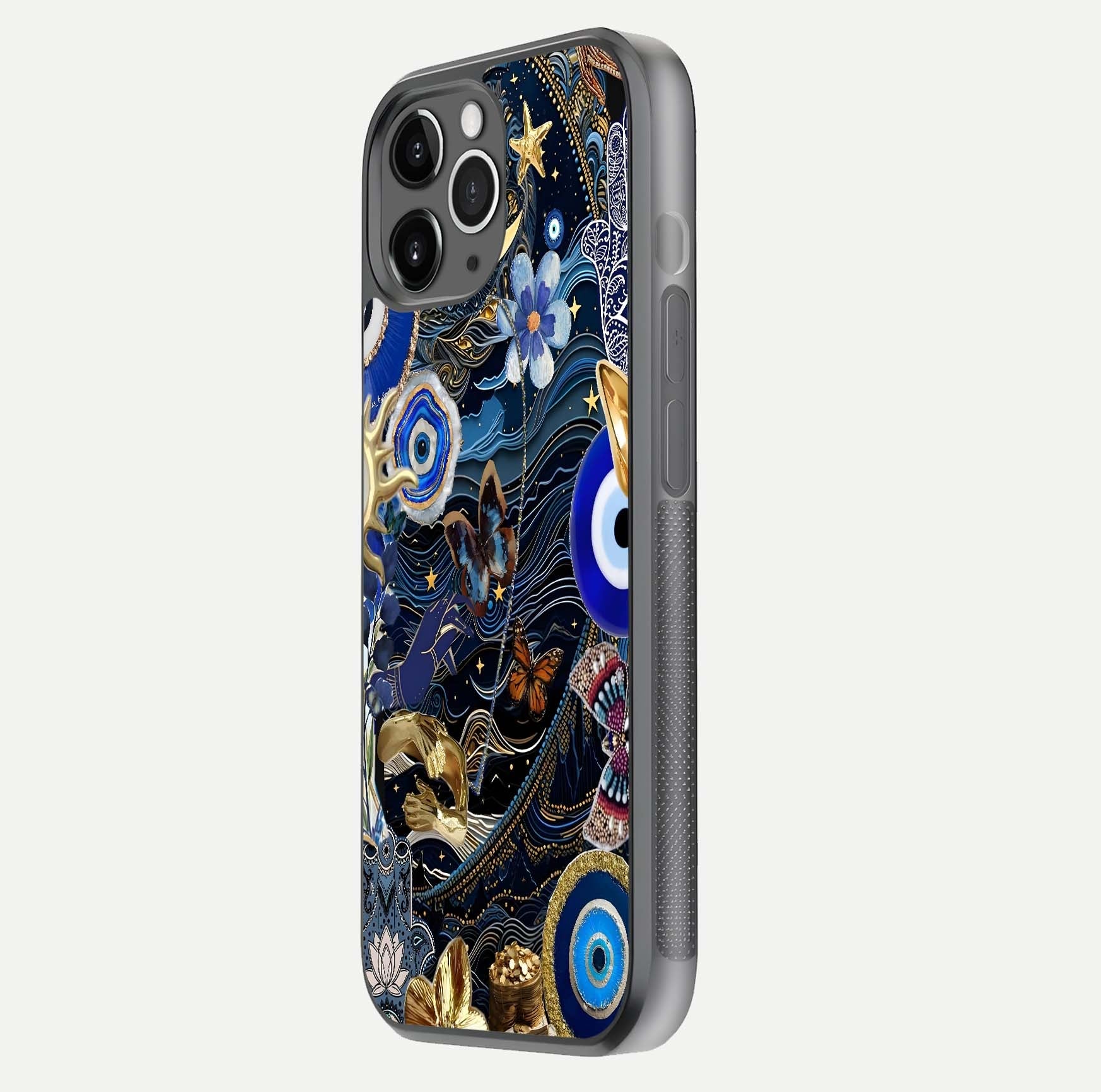 Golden Moon Magic Glass Case for iPhone 11 Pro Max floating dual-view mockup showing gloss texture and golden illumination
