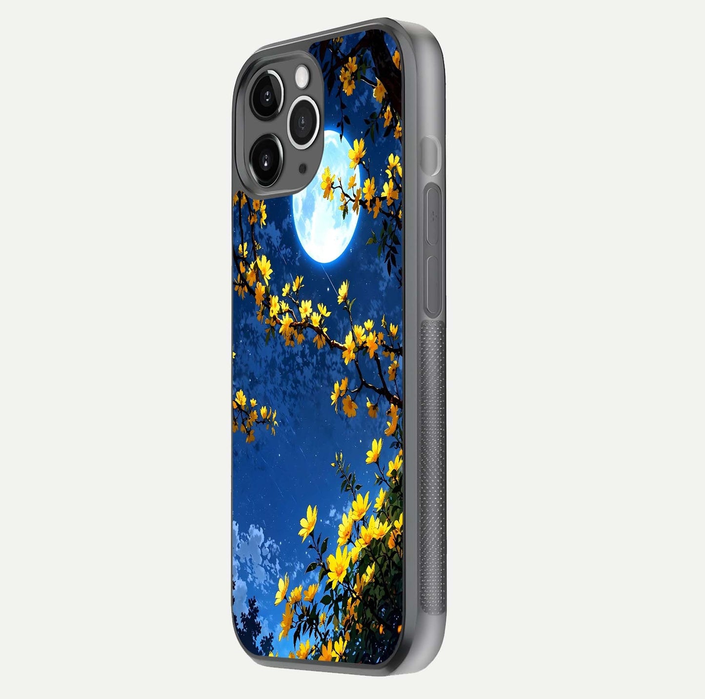 Golden Night Glow Glass Case for iPhone 11 Pro Max floating dual-view mockup showing gloss polish and luxury shine