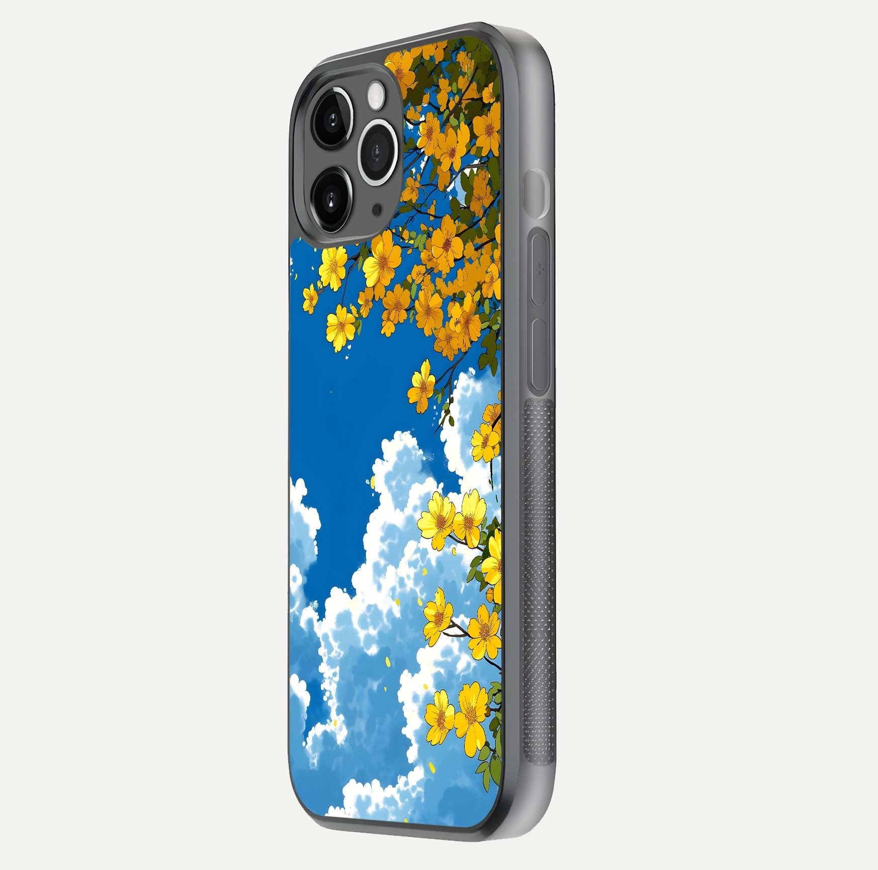 Golden Petal Sky Glass Case for iPhone 11 Pro Max floating dual-view mockup showing gloss brilliance and gold detail