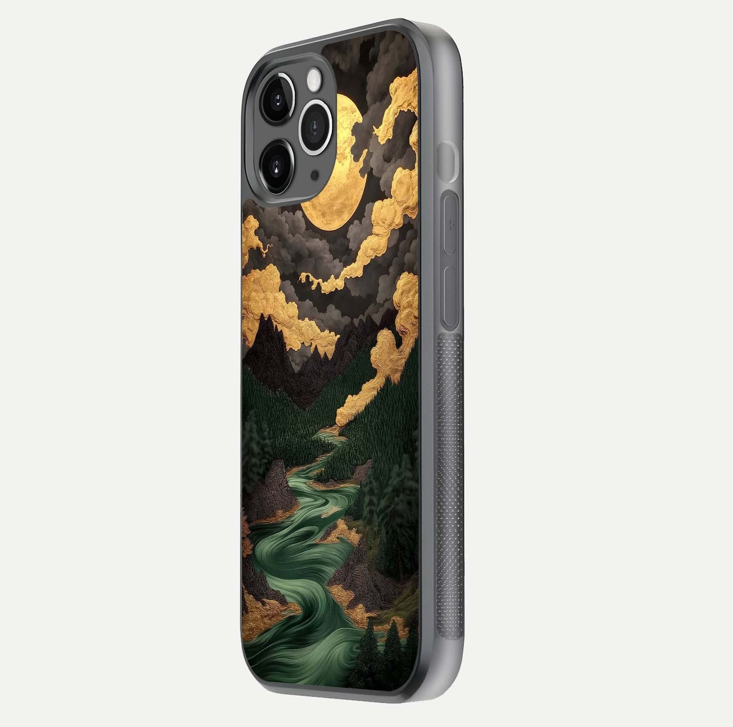 Golden River Moon Glass Case for iPhone 11 Pro Max floating dual-view mockup showing gloss surface and luxury tone