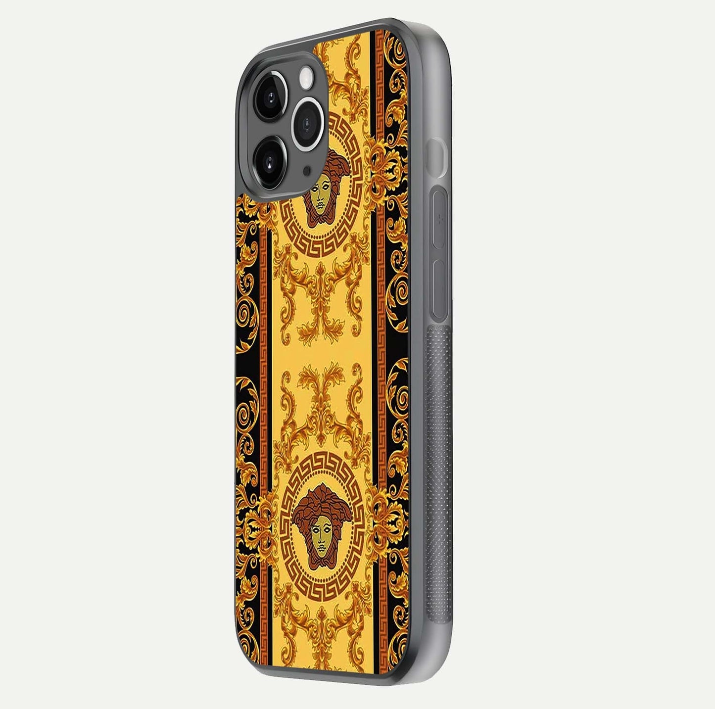 Golden Royal Heritage Glass Case for iPhone 11 Pro Max floating dual-view mockup showing glossy surface and rich regal tone
