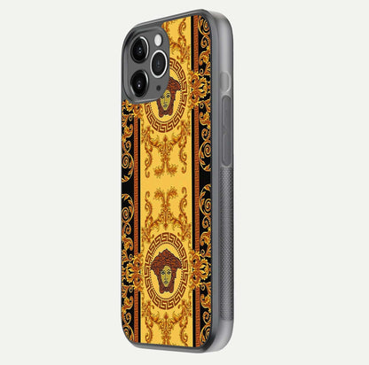 Golden Royal Heritage Glass Case for iPhone 11 Pro Max floating dual-view mockup showing glossy surface and rich regal tone
