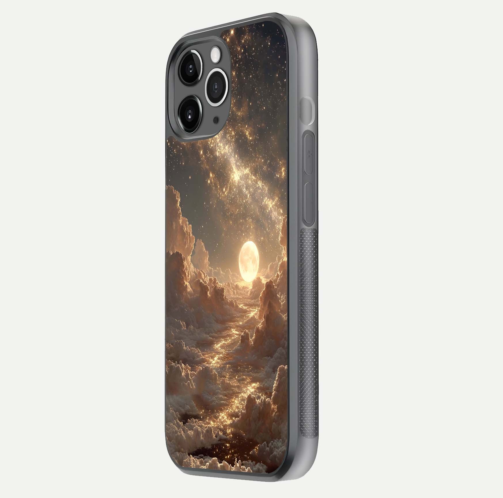 Golden Sky Dream Glass Case for iPhone 11 Pro Max floating dual-view mockup showing gloss depth and elegant finish
