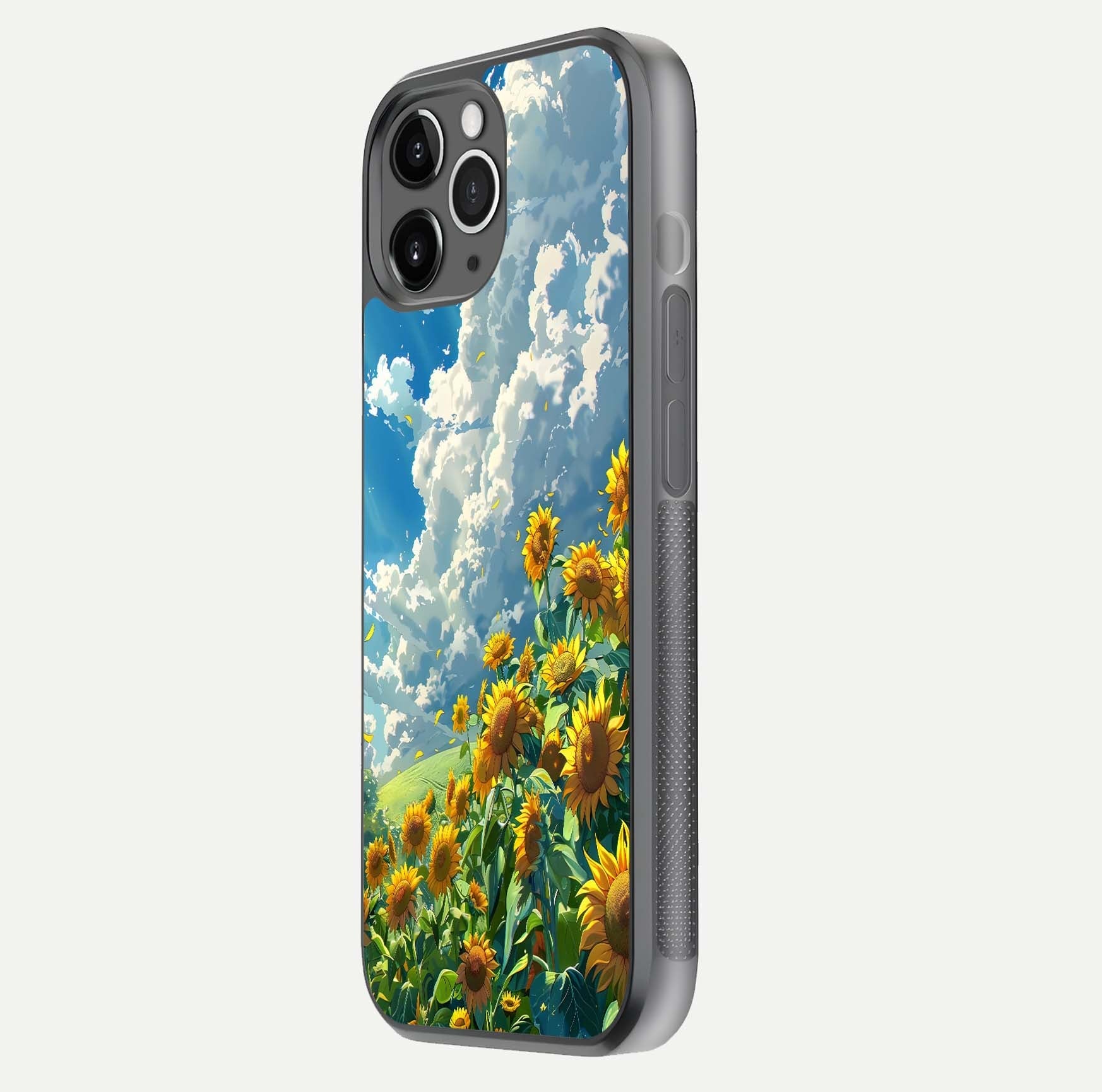 Golden Sun Glory Glass Case for iPhone 11 Pro Max floating dual-view mockup showing gloss shine and premium surface