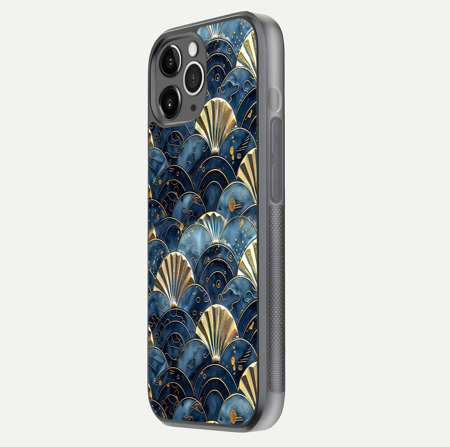 Golden Wave Luxe Glass Case for iPhone 11 Pro Max floating dual-view mockup showing gloss surface and shimmering tones