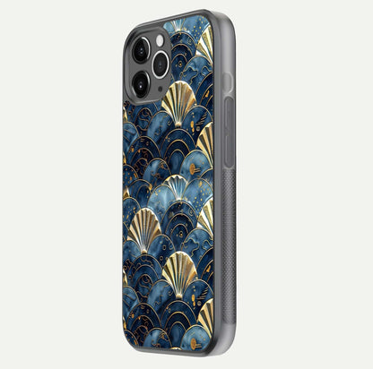 Golden Wave Luxe Glass Case for iPhone 11 Pro Max floating dual-view mockup showing gloss surface and shimmering tones