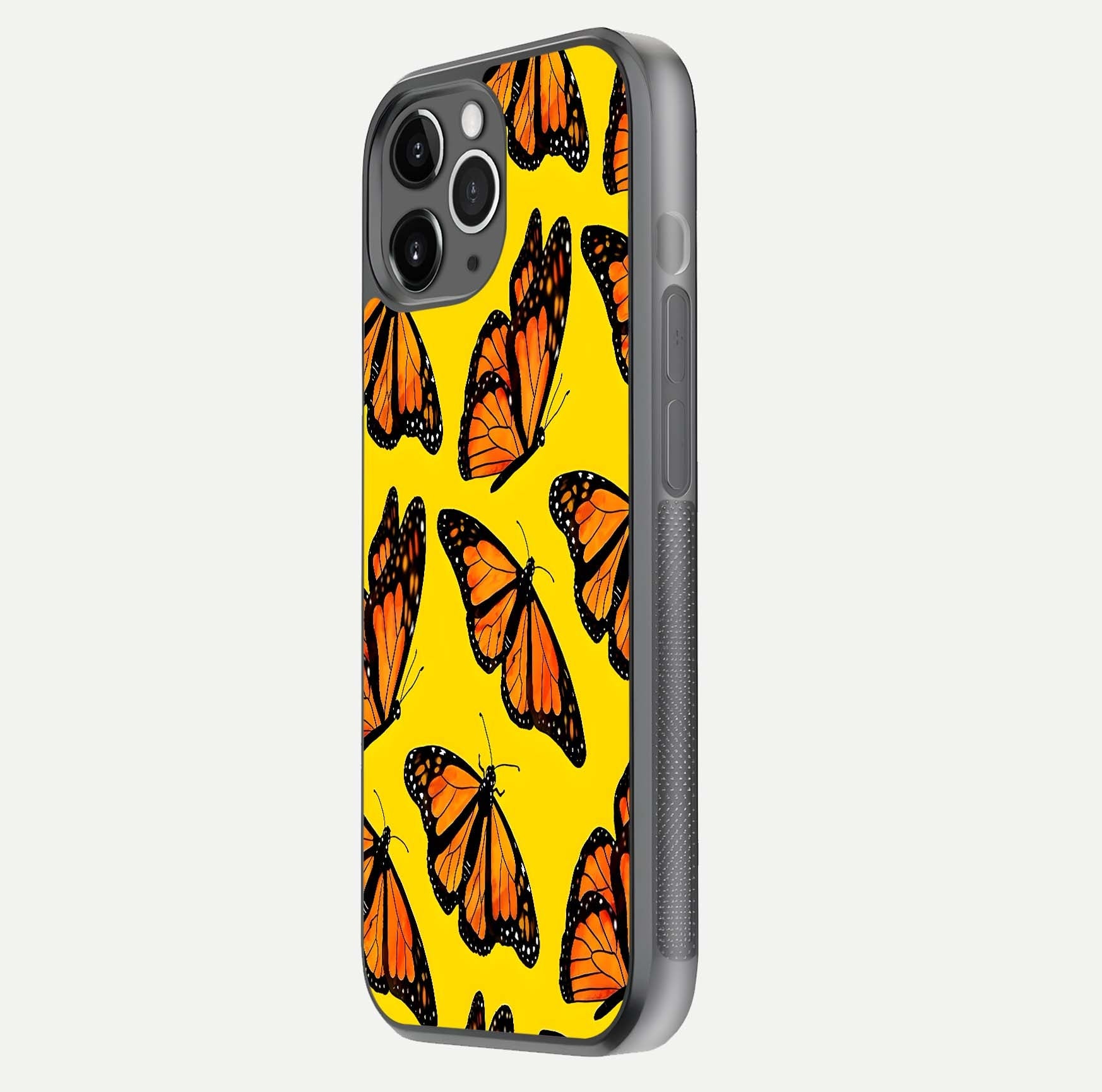 Golden Wing Flight Glass Case for iPhone 11 Pro Max floating dual-view mockup showing gloss reflection and luxury tone