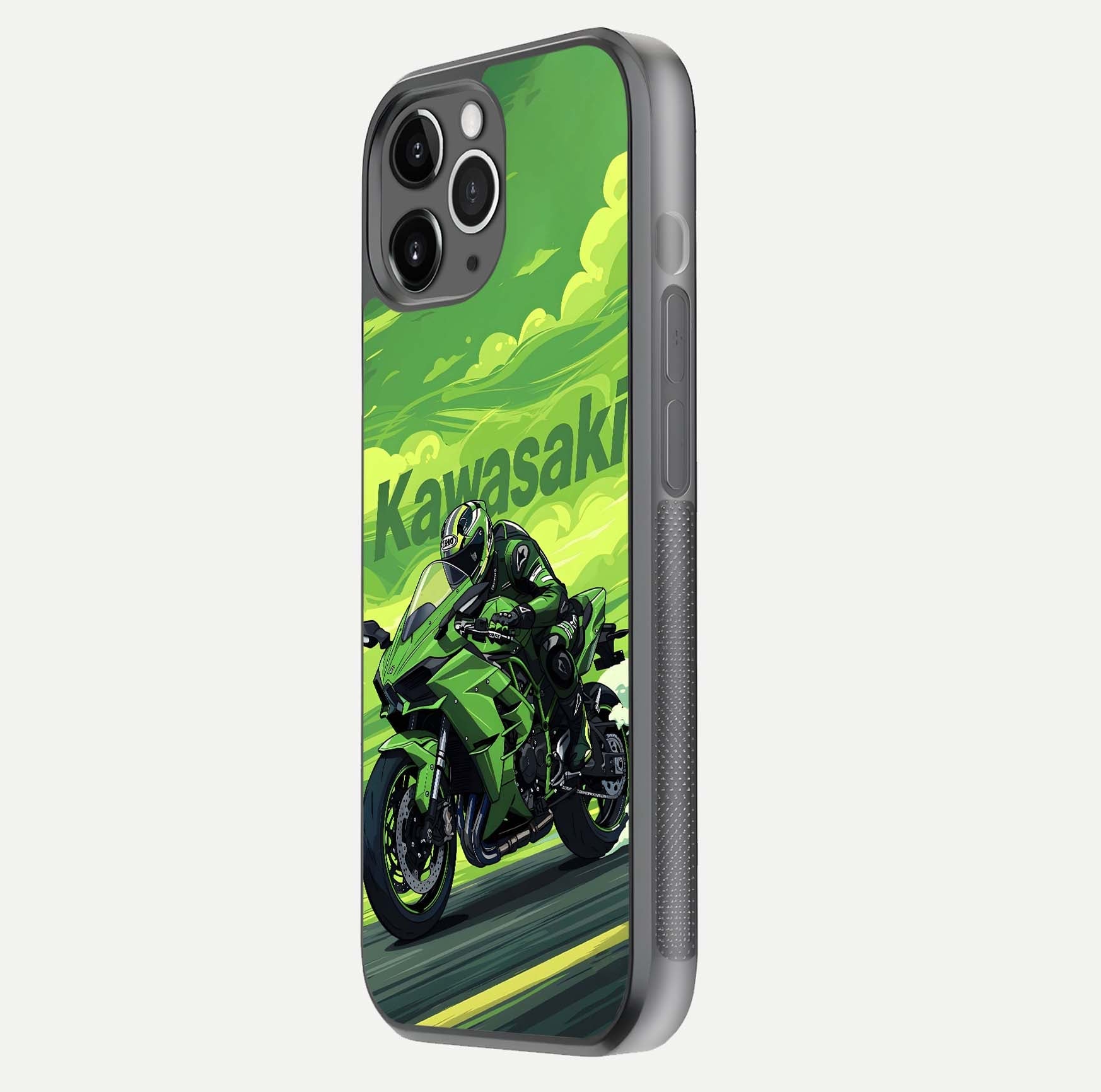 Green Kawasaki Glass Case for iPhone 11 Pro Max floating dual-view mockup showing gloss surface and power-bike theme