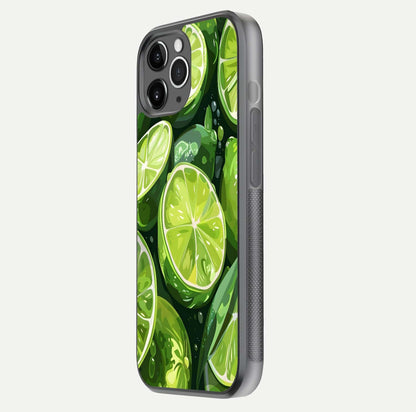 Green Lemon Glass Case for iPhone 11 Pro Max floating dual-view mockup showing glossy surface and fruity freshness