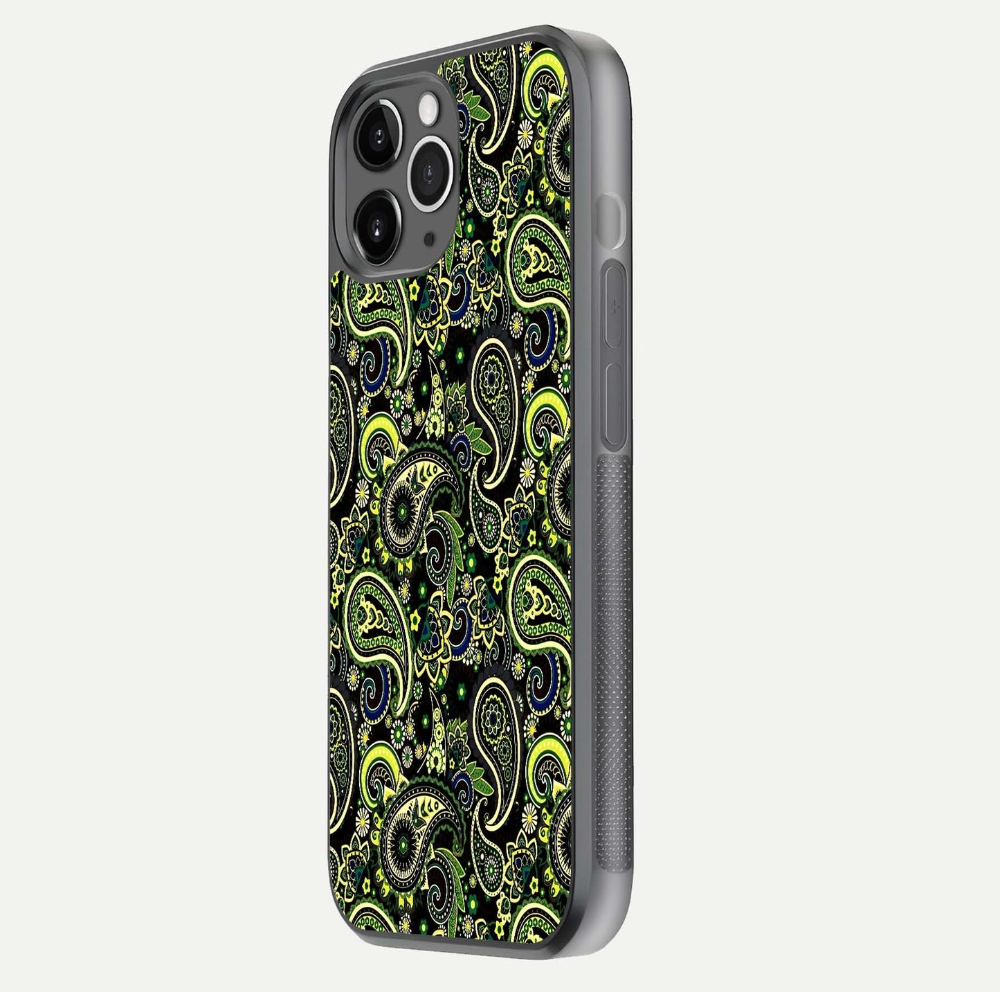 Green Mandala Pattern Glass Case for iPhone 11 Pro Max floating dual-view mockup showing gloss texture and symmetry shine