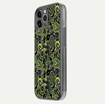 Green Mandala Pattern Glass Case for iPhone 11 Pro Max floating dual-view mockup showing gloss texture and symmetry shine