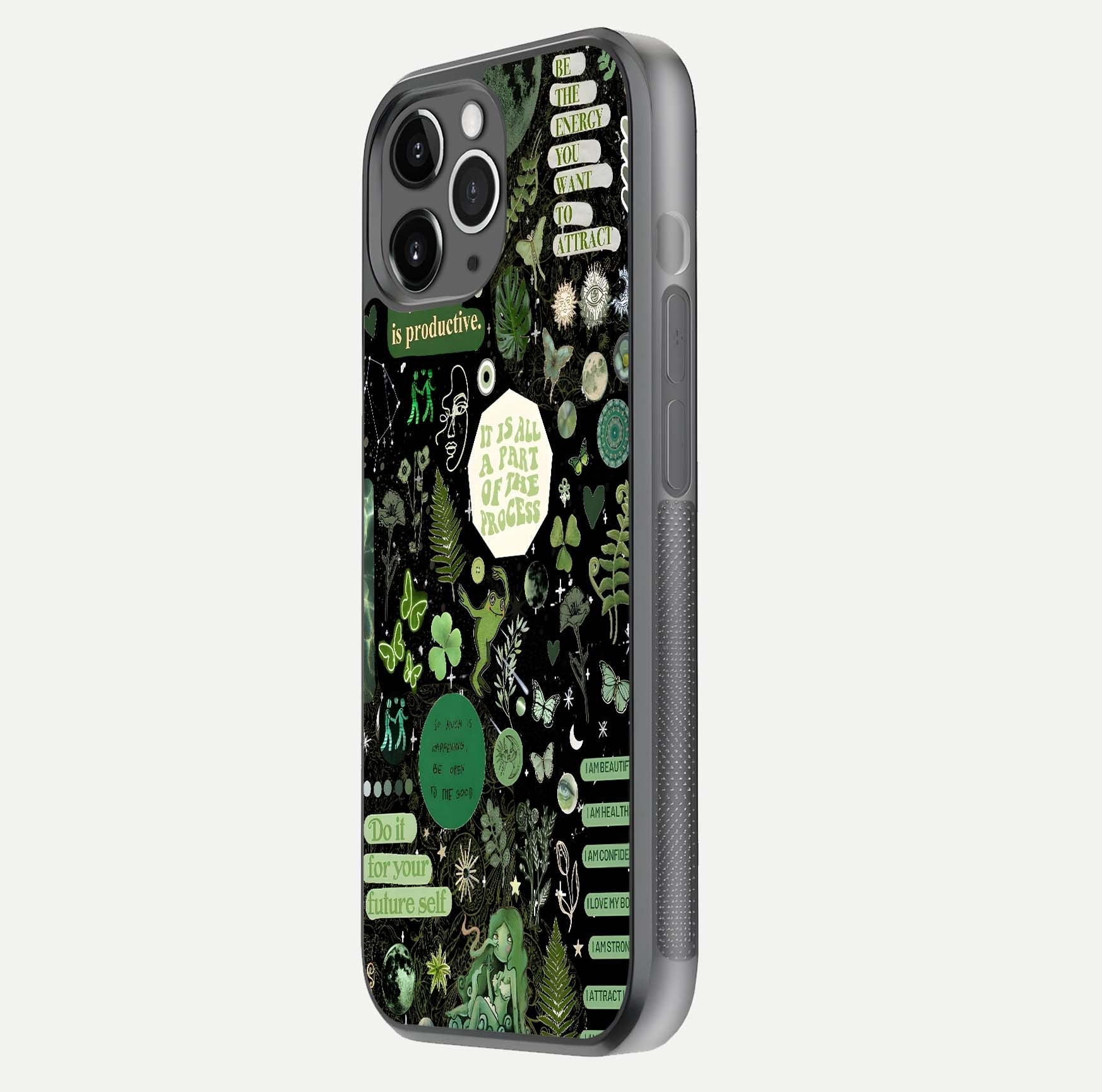 Green Moon Energy Glass Case for iPhone 11 Pro Max floating dual-view mockup showing glossy texture and energy aura