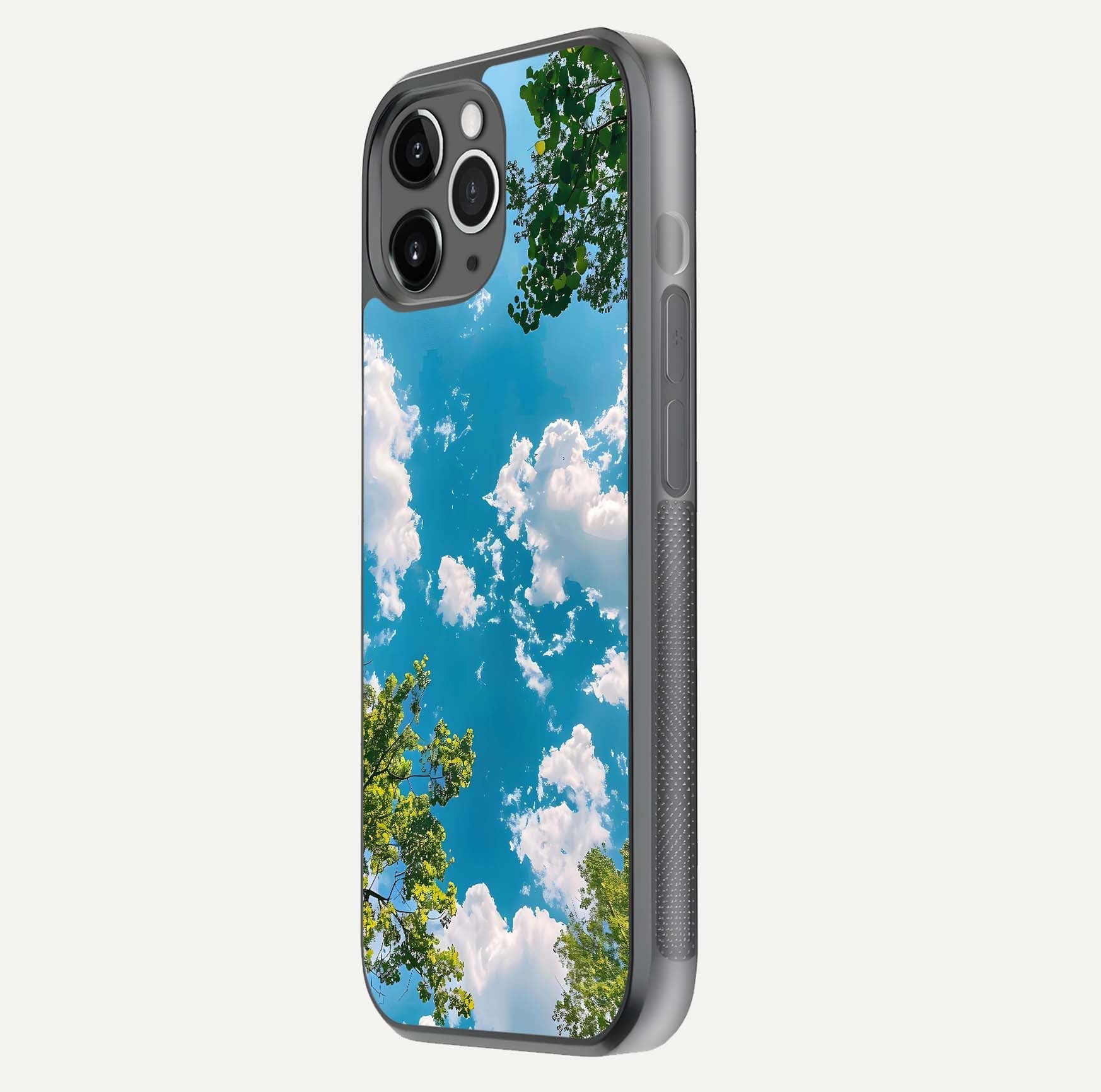 Greenery Sky Glass Case for iPhone 11 Pro Max floating dual-view mockup showing glossy shine and soft natural tones