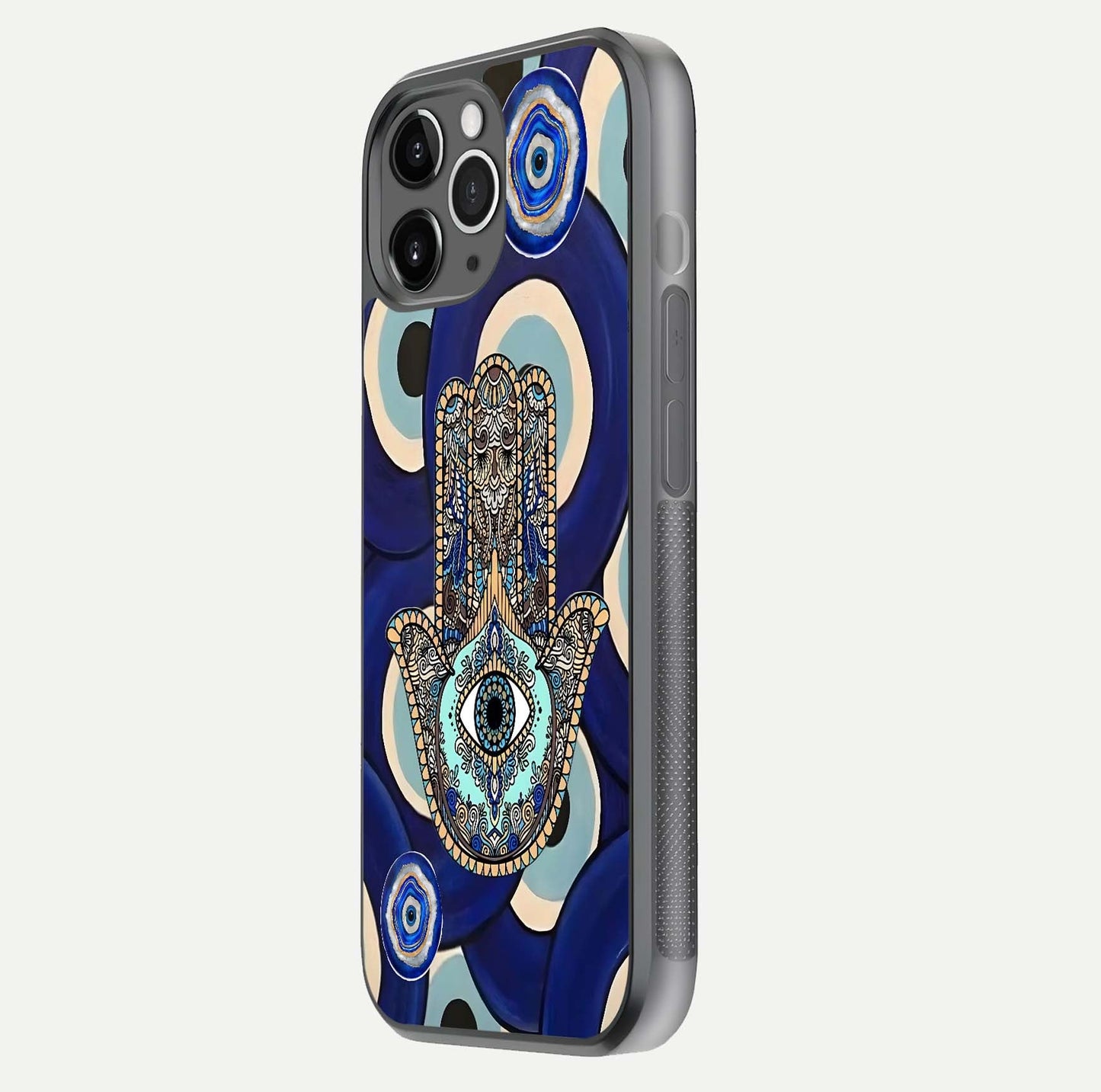 Hamsa Divine Guard Glass Case for iPhone 11 Pro Max floating dual-view mockup showing gloss shine and mystical pattern