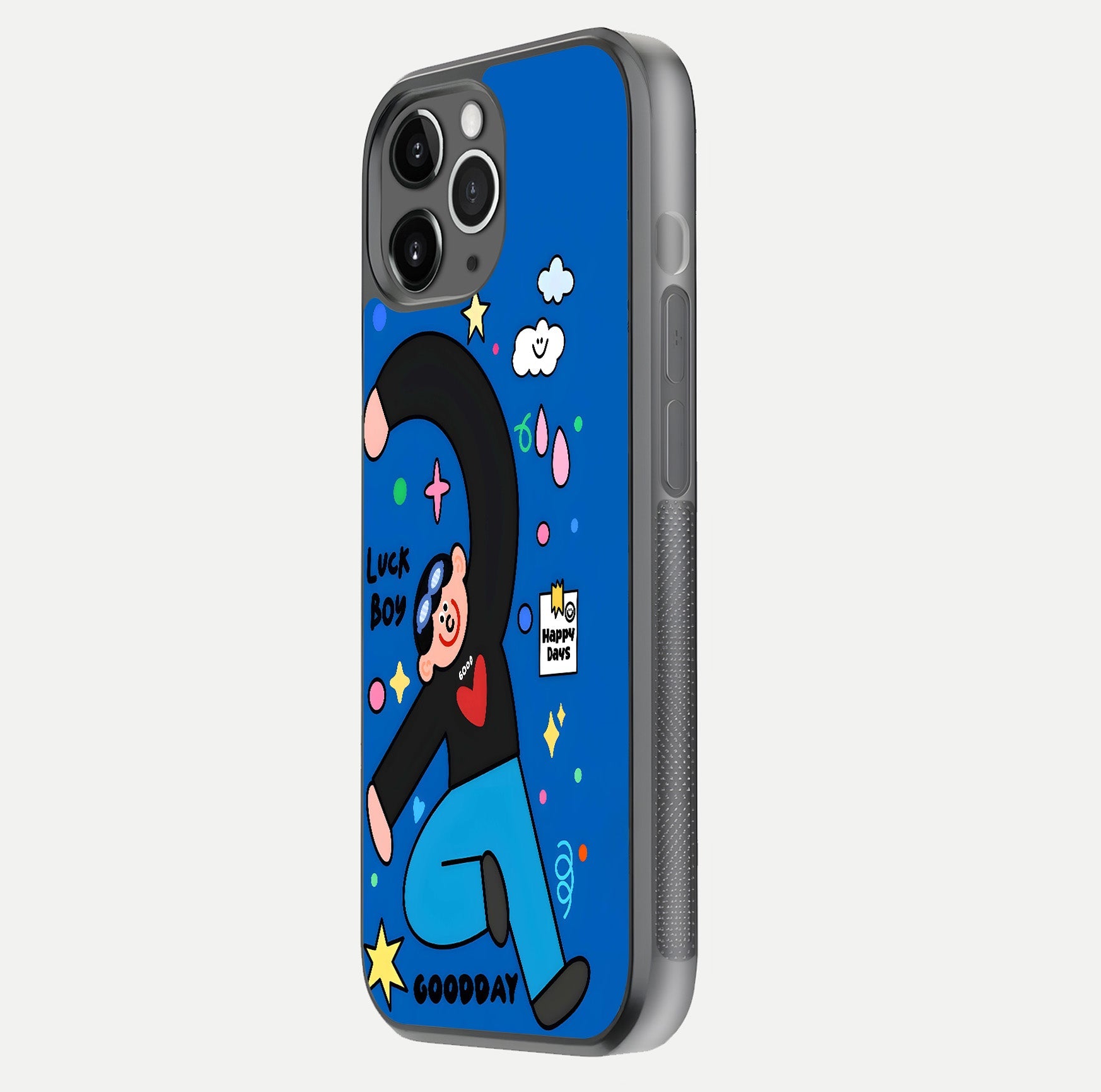 Happy Luck Vibe Glass Case for iPhone 11 Pro Max floating dual-view mockup showing glossy tone and bright finish
