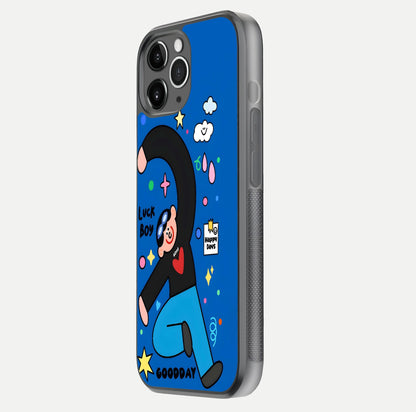 Happy Luck Vibe Glass Case for iPhone 11 Pro Max floating dual-view mockup showing glossy tone and bright finish