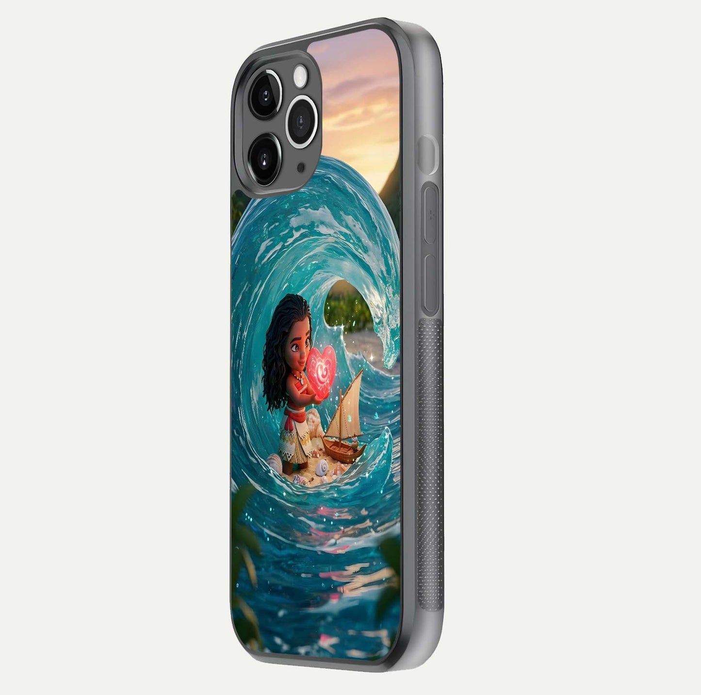 Heart of Ocean Glass Case for iPhone 11 Pro Max floating dual-view mockup showing gloss surface and aquatic design