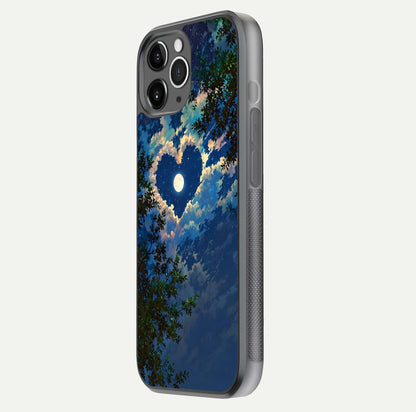 Heart with Moon Sky Glass Case for iPhone 11 Pro Max floating dual-view mockup showing gloss texture and romantic sky glow