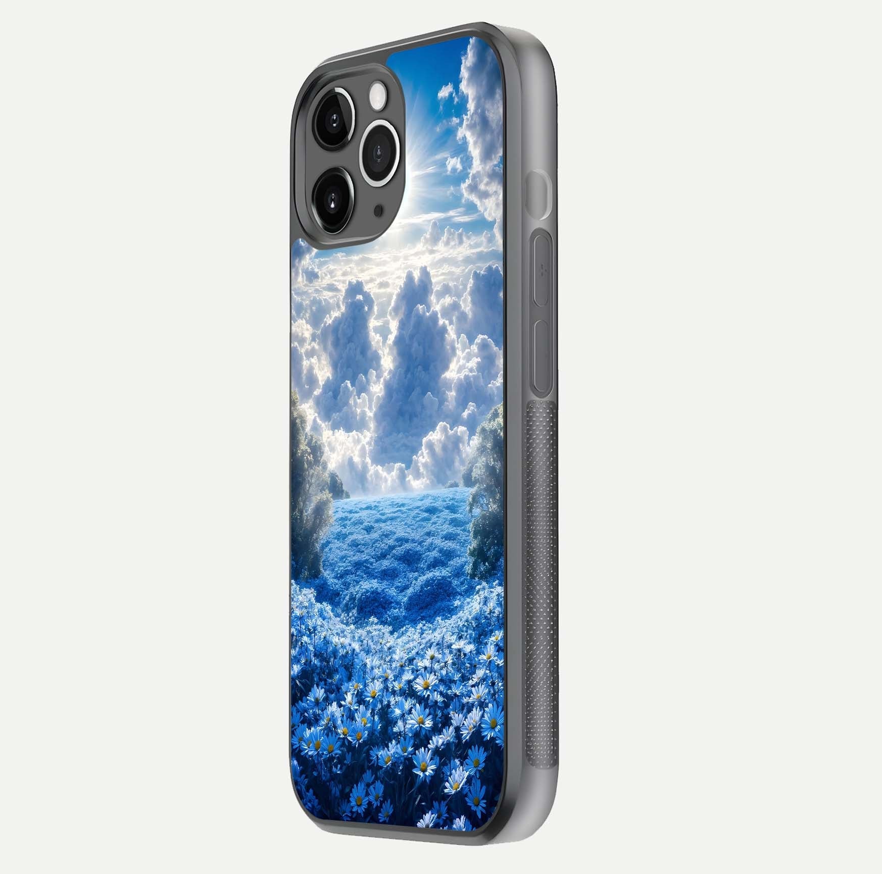 Heavenly Daisy Horizon Glass Case for iPhone 11 Pro Max floating dual-view mockup showing gloss polish and soft pastel background
