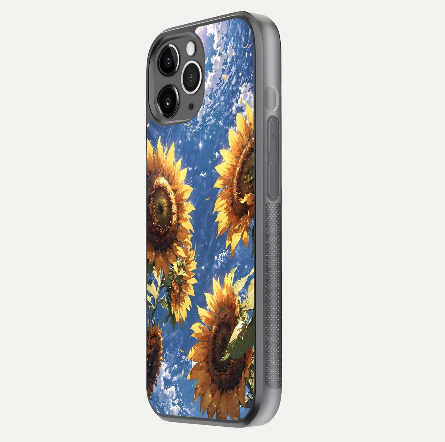 Heavenly Sunflower Rise Glass Case for iPhone 11 Pro Max floating dual-view mockup showing gloss brightness and morning-light feel