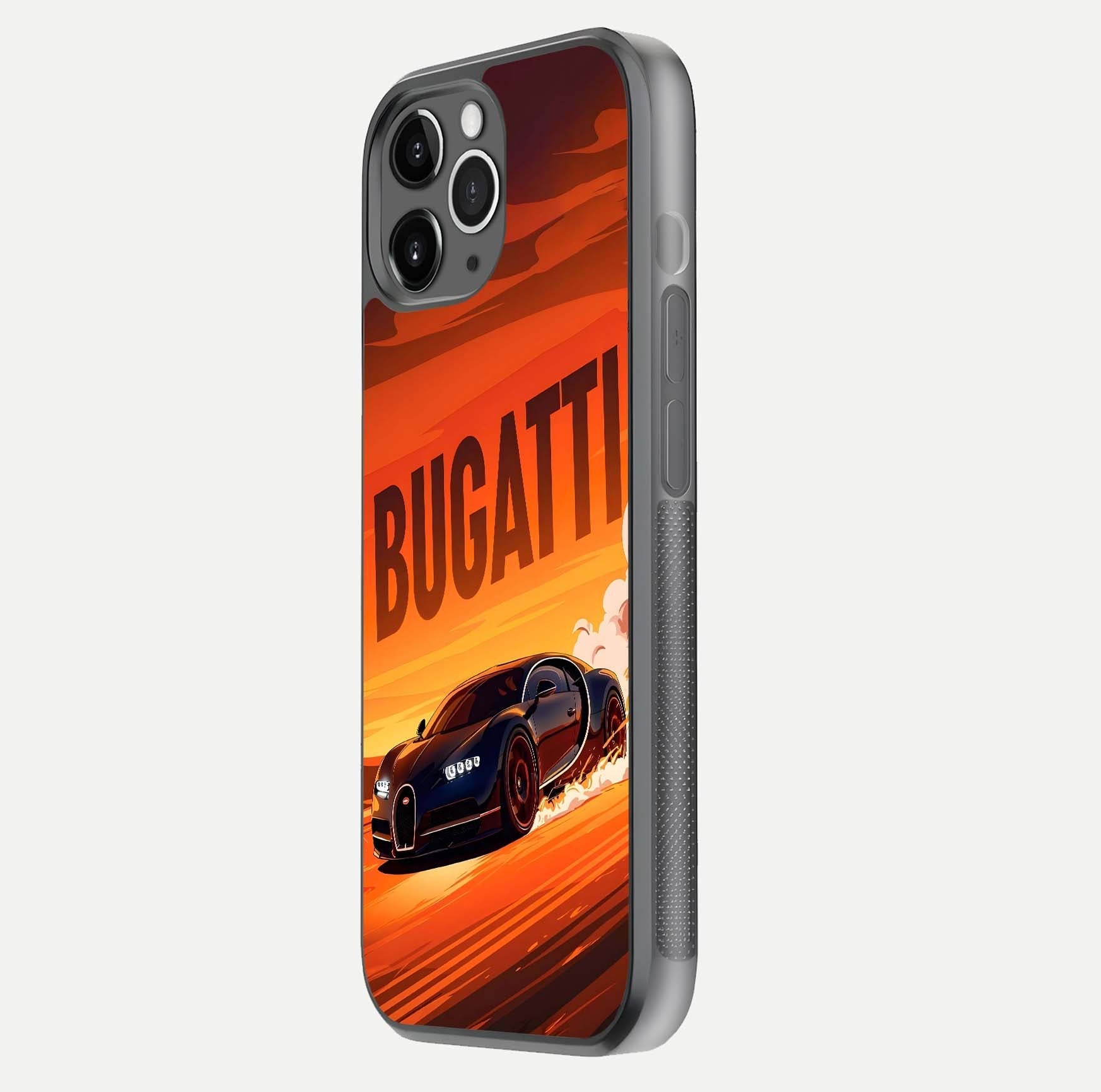 Inferno Bugatti Storm Glass Case for iPhone 11 Pro Max floating dual-view mockup showing gloss surface and racing energy