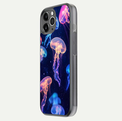 Jellyfish Pattern Glass Case for iPhone 11 Pro Max floating dual-view mockup showing gloss texture and oceanic depth