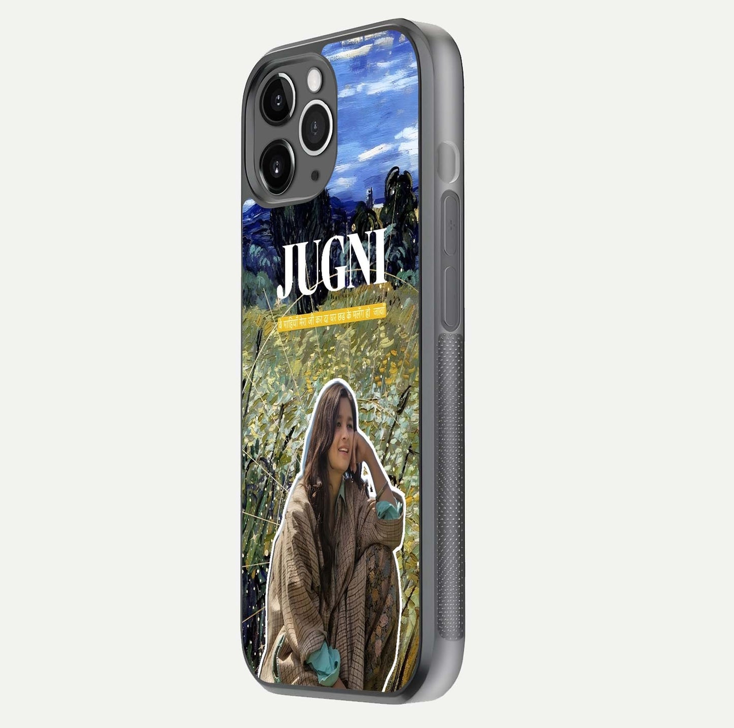 Jugni Soul Vibes Glass Case for iPhone 11 Pro Max floating dual-view mockup showing gloss surface and vivid design style