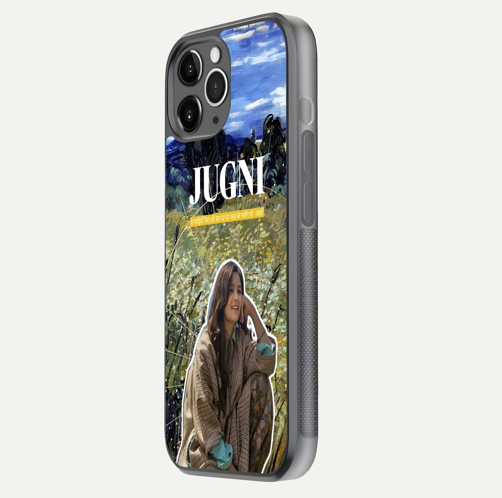 Jugni Soul Vibes Glass Case for iPhone 11 Pro Max floating dual-view mockup showing gloss surface and vivid design style