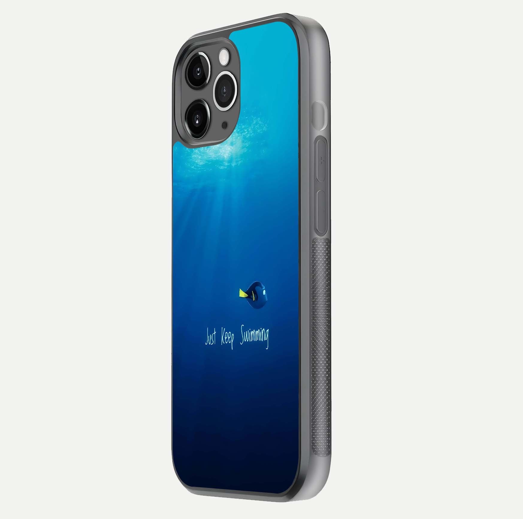 Just Keep Swimming Glass Case for iPhone 11 Pro Max floating dual-view mockup showing gloss brightness and wave motif