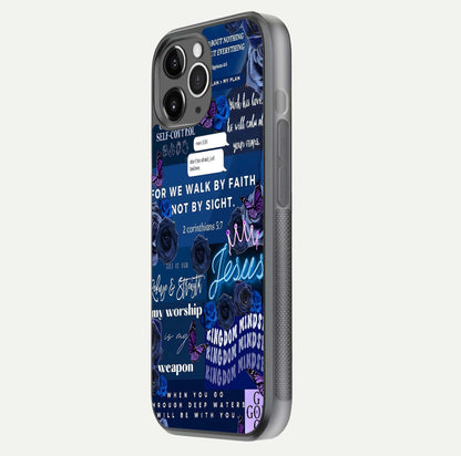 Kingdom Faith Glow Glass Case for iPhone 11 Pro Max floating dual-view mockup showing premium gloss and golden aura