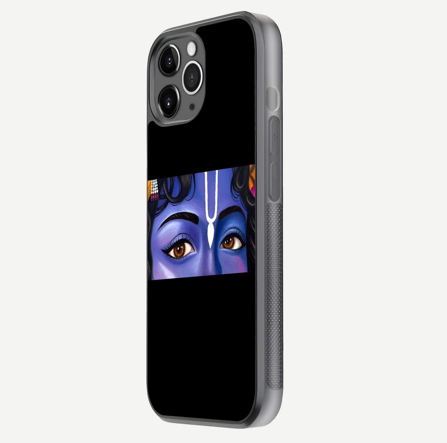 Krishna Eye Glass Case for iPhone 11 Pro Max floating dual-view mockup showing gloss surface and divine art depth