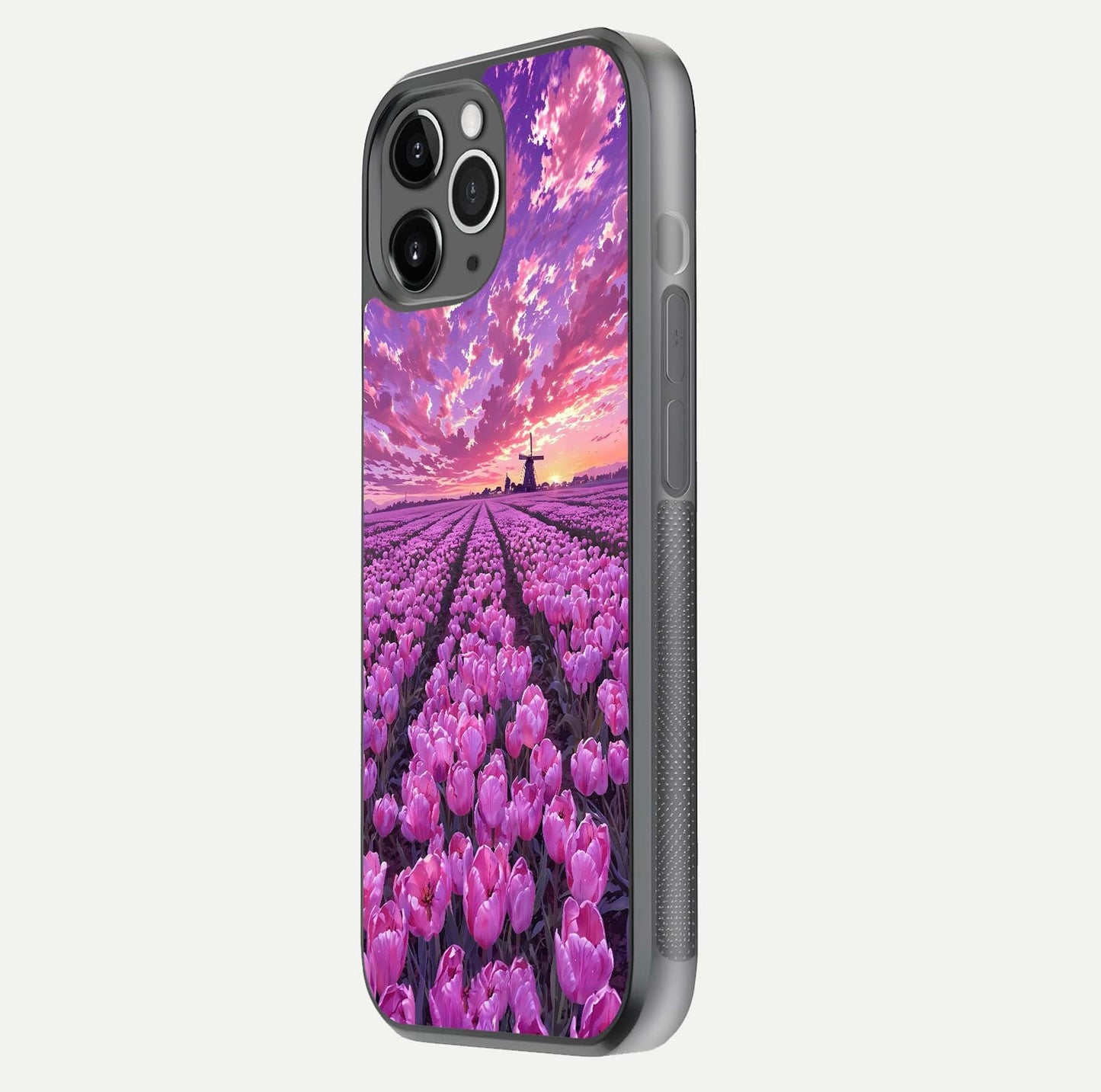 Lavender Dream Skies Glass Case for iPhone 11 Pro Max floating dual-view mockup showing gloss polish and pastel design