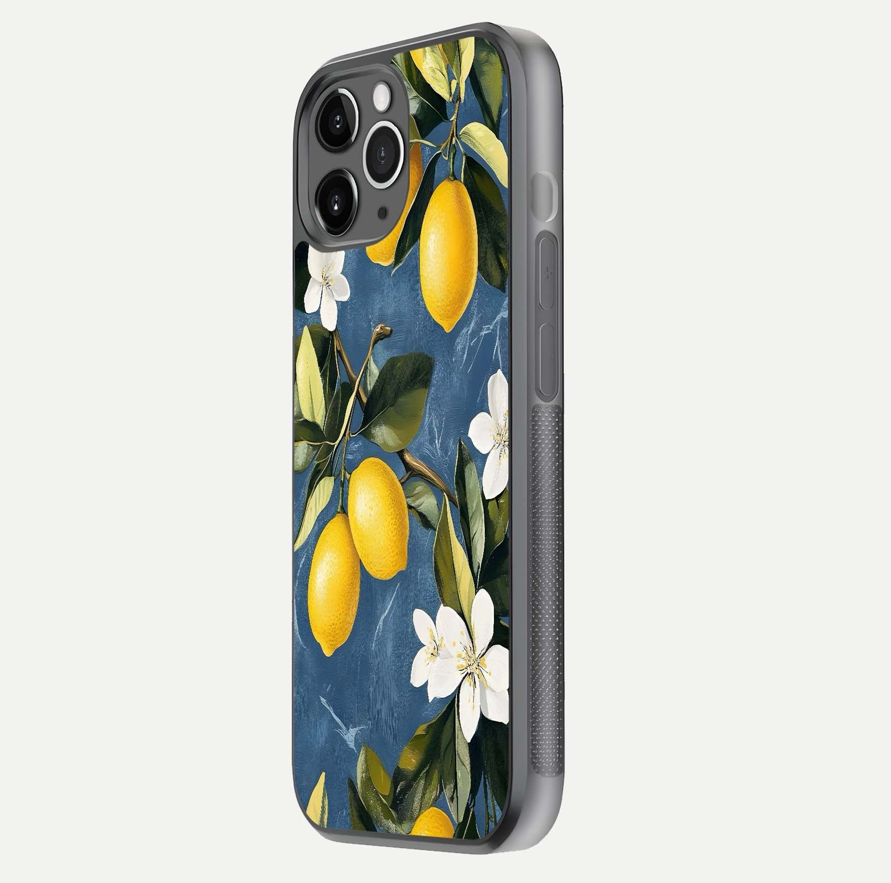 Lemon Dream Garden Glass Case for iPhone 11 Pro Max floating dual-view mockup showing gloss brightness and vivid yellow print