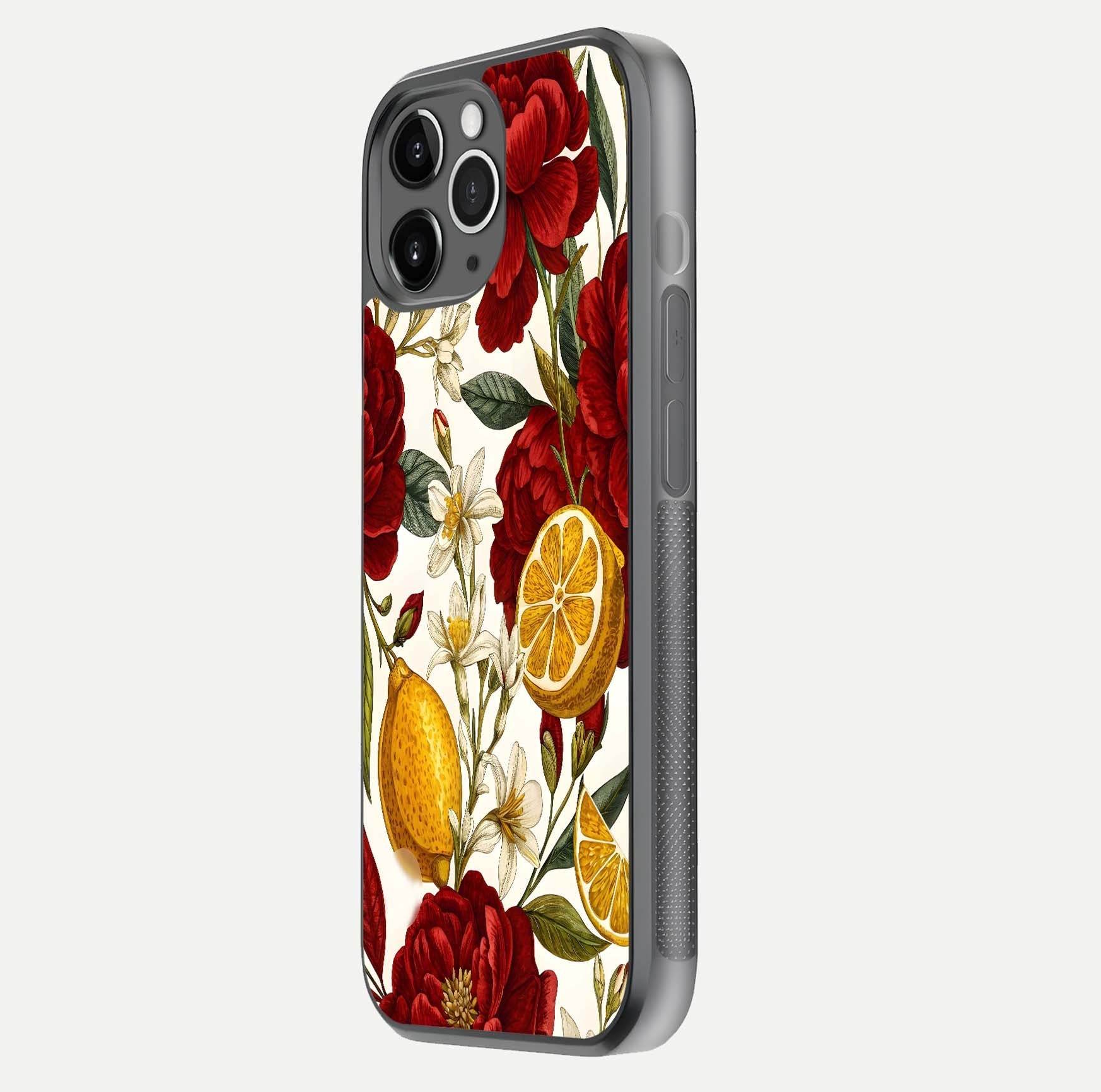 Lemon Rose Charm Glass Case for iPhone 11 Pro Max floating dual-view mockup showing gloss polish and floral gradient