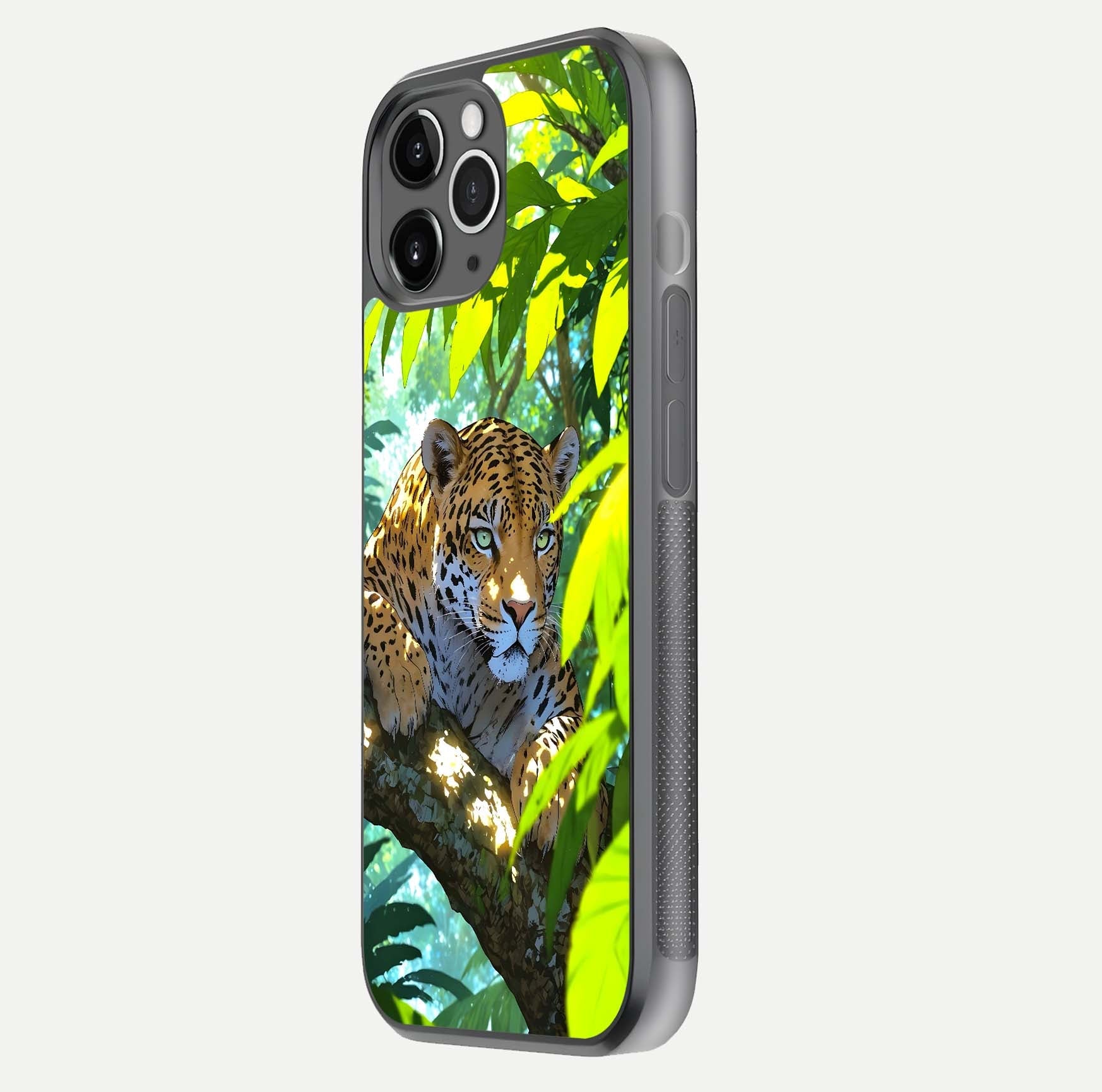 Leopard in Jungle Glass Case for iPhone 11 Pro Max floating dual-view mockup showing gloss finish and HD wild pattern