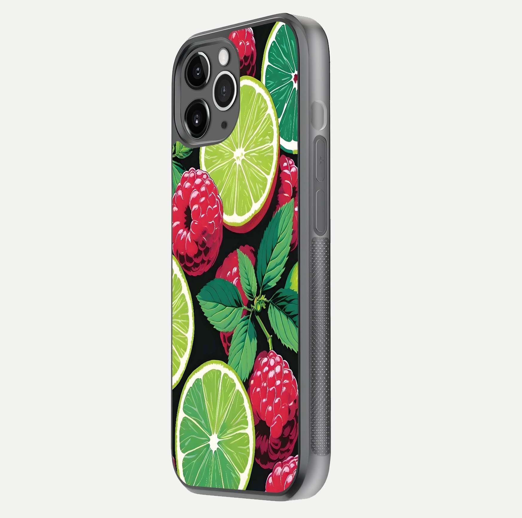 Lime and Raspberry Pattern Glass Case for iPhone 11 Pro Max floating dual-view showing HD gloss and vivid print