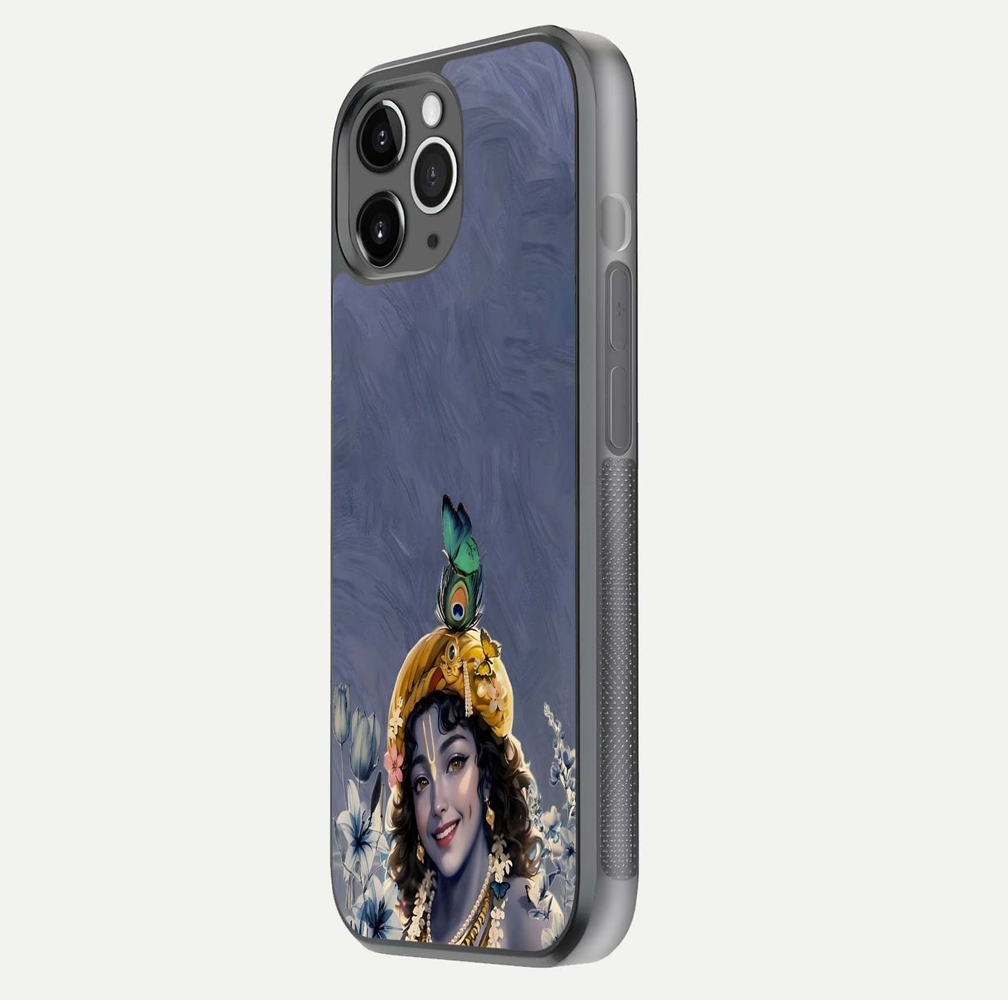 Lord Krishna Glass Case for iPhone 11 Pro Max floating dual-view showing glossy shine and divine artistic pattern