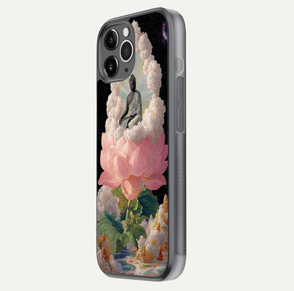 Lotus Divine Peace Glass Case for iPhone 11 Pro Max floating dual-view mockup with glass glow and spiritual calm art