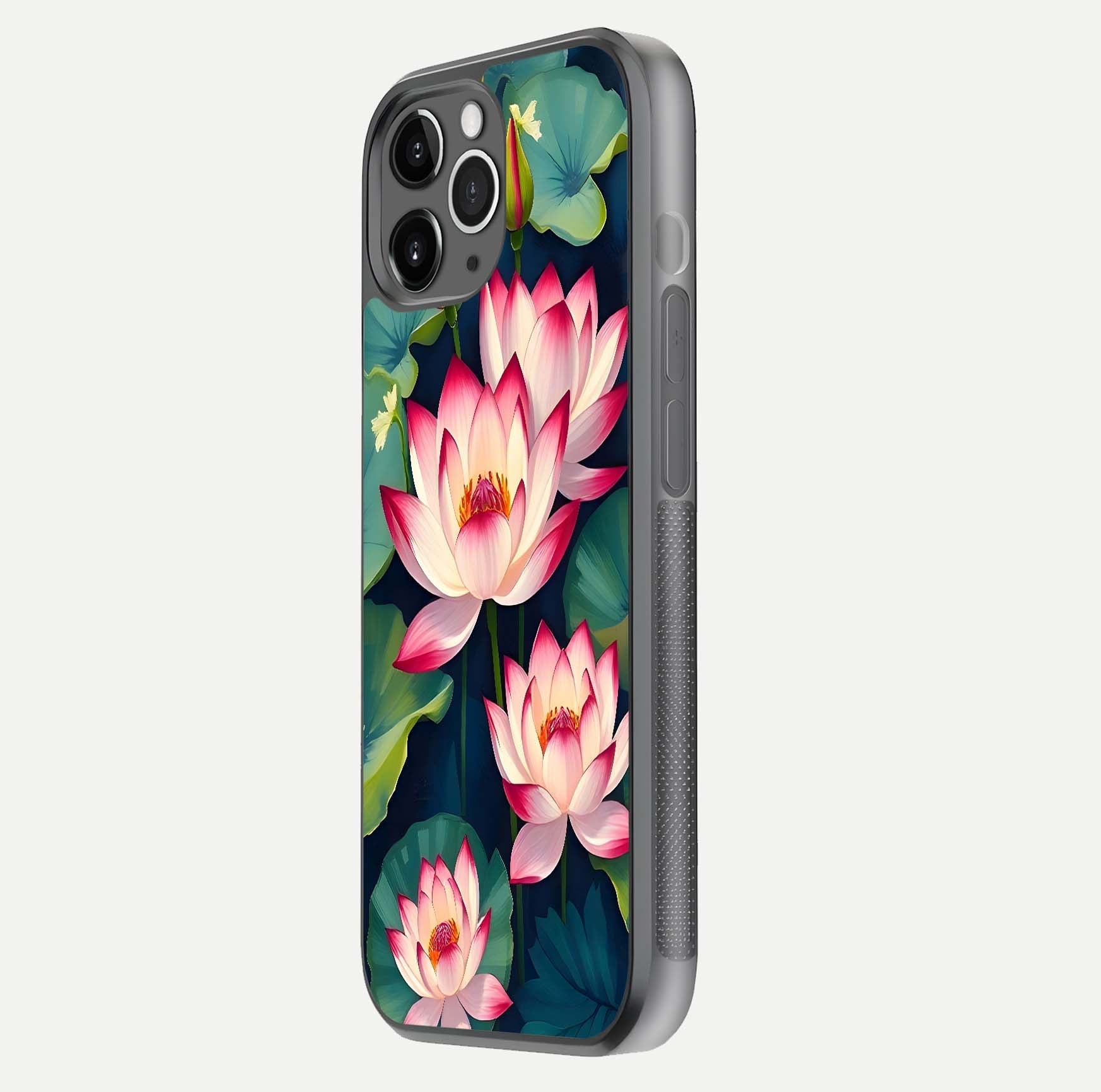 Lotus Dream Serenity Glass Case for iPhone 11 Pro Max floating dual-view mockup highlighting HD gloss glow