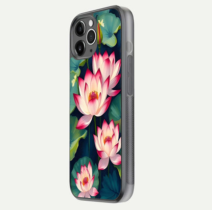 Lotus Dream Serenity Glass Case for iPhone 11 Pro Max floating dual-view mockup highlighting HD gloss glow