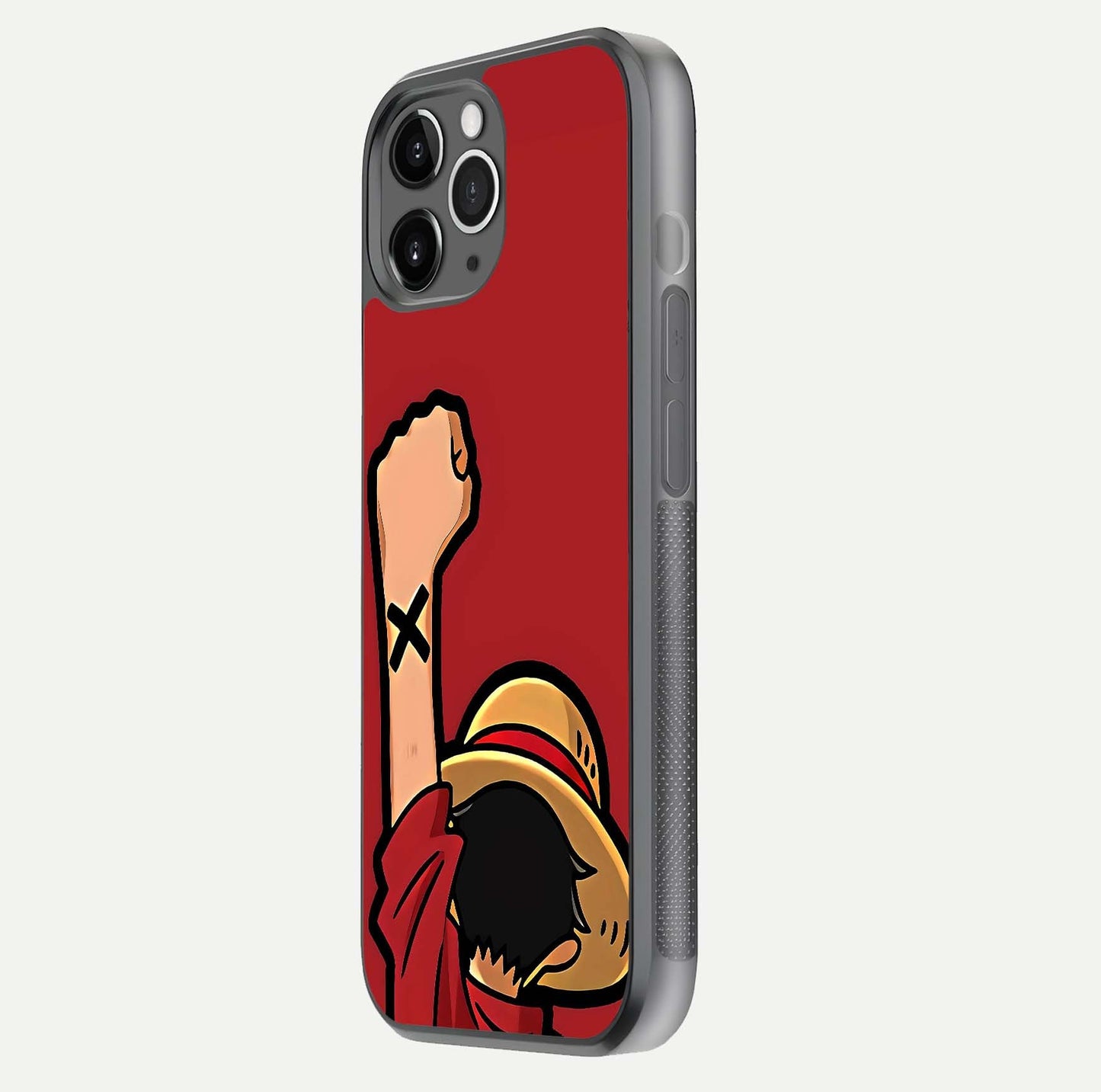 Luffy X Spirit Glass Case for iPhone 11 Pro Max floating dual-view mockup showing gloss polish and vibrant color depth