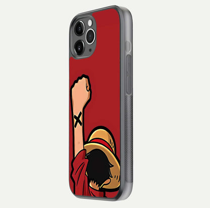 Luffy X Spirit Glass Case for iPhone 11 Pro Max floating dual-view mockup showing gloss polish and vibrant color depth