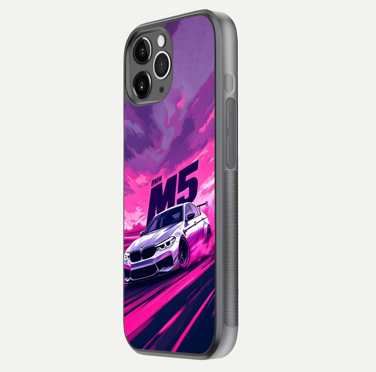 MS Neon Car Glass Case for iPhone 11 Pro Max floating dual-view mockup showing HD gloss and electric color tones