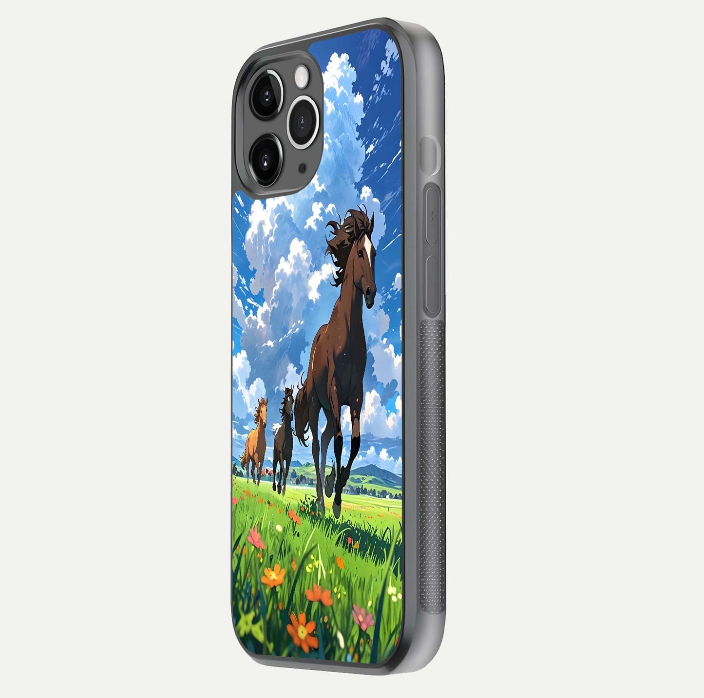 Majestic Horses Galloping Glass Case for iPhone 11 Pro Max floating dual-view mockup showing gloss texture and vivid tones