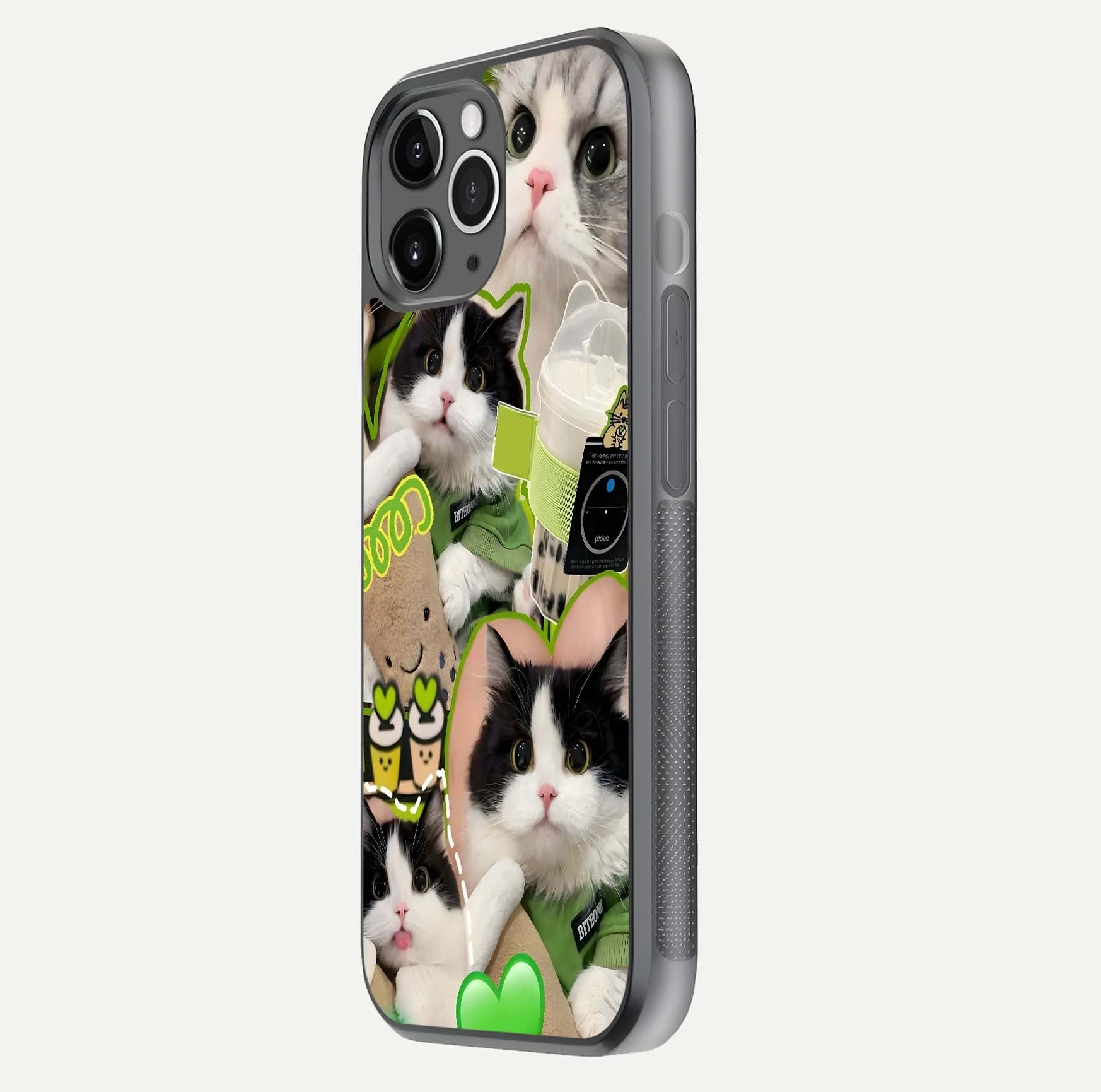 Matcha Cats Mood Glass Case for iPhone 11 Pro Max floating dual-view mockup showing HD gloss surface and soft tones
